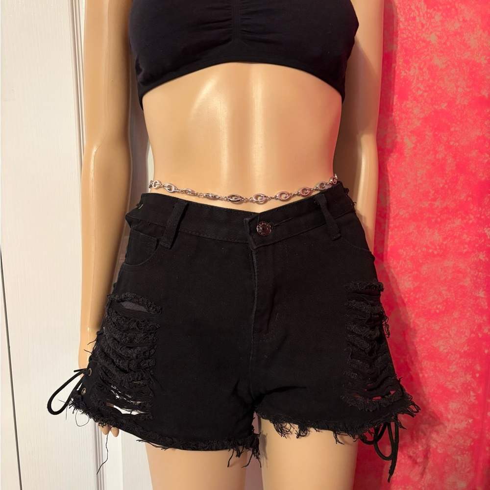 Black Distressed Lace-Up High-Rise Denim Shorts